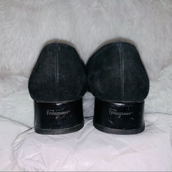 Ferragamo 8.5 AA Narrow Black Suede Low Block Heels Mary Jane Pumps - Picture 2 of 9